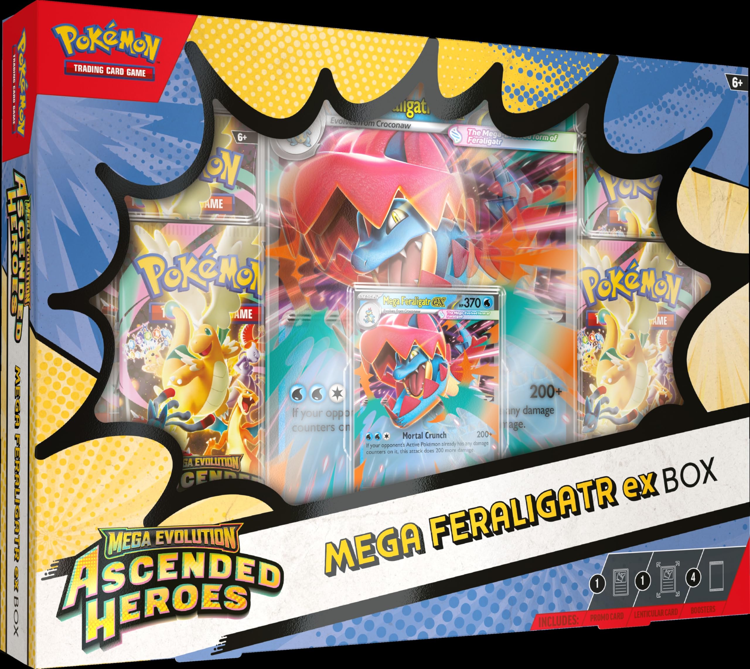 Pokemon Ascended Heroes EX Box (4 Mega Evolution Ascended Heroes Booster Packs, 1 Foil Card & 1 Oversized Lenticular Card) (Mega Feraligatr)