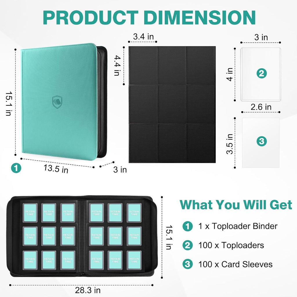 Toploader Binder, Holds 360 Toploaders, 100 Toploaders INCLUDED, 9-Pocket PU Cover Top Loader Binder for 3" x 4" Rigid Toploader, Ringless Double-Sided Toploader Card Binder for TCG, Sport Cards