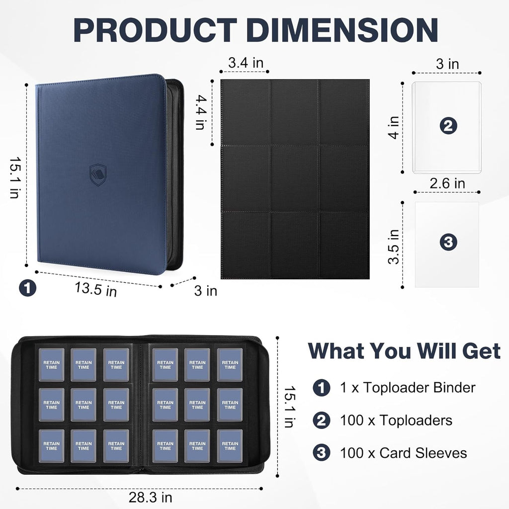 Toploader Binder, Holds 360 Toploaders, 100 Toploaders INCLUDED, 9-Pocket PU Cover Top Loader Binder for 3" x 4" Rigid Toploader, Ringless Double-Sided Toploader Card Binder for TCG, Sport Cards