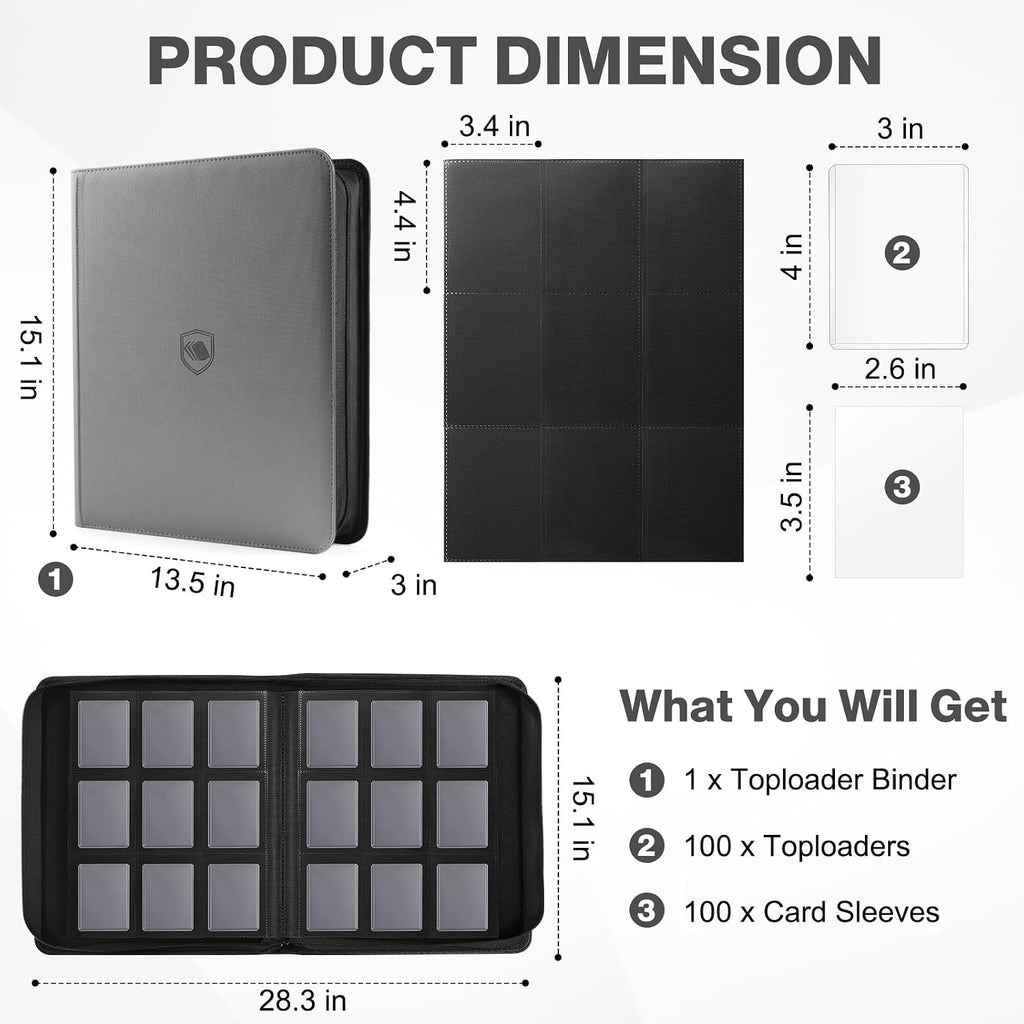 Toploader Binder, Holds 360 Toploader, 100 Toploaders INCLUDED, 9-Pocket PU Cover Top Loader Binder for 3" x 4" Rigid Toploaders, Ringless Double-Sided Toploader Card Binder for TCG, Sport Cards