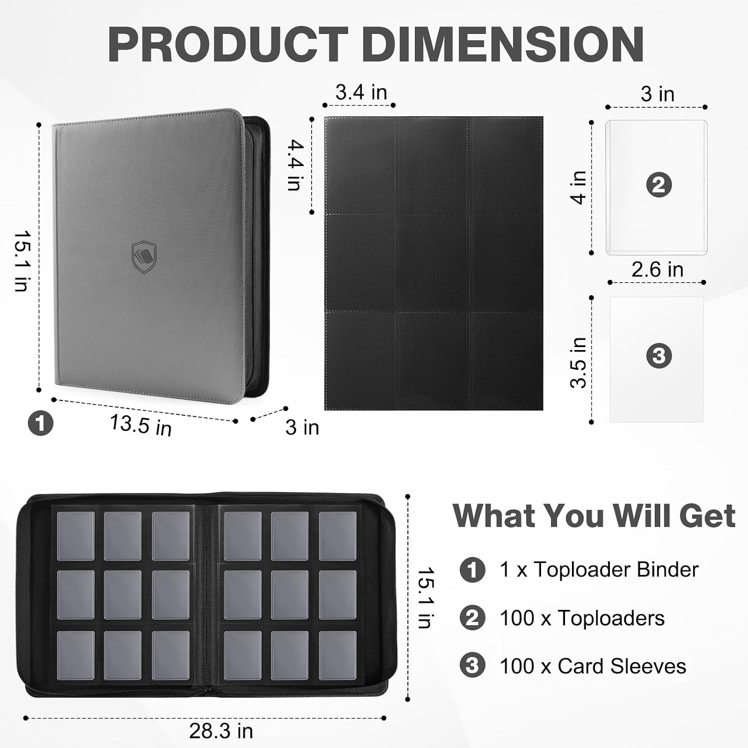 Toploader Binder, Holds 360 Toploader, 100 Toploaders INCLUDED, 9-Pocket PU Cover Top Loader Binder for 3" x 4" Rigid Toploaders, Ringless Double-Sided Toploader Card Binder for TCG, Sport Cards