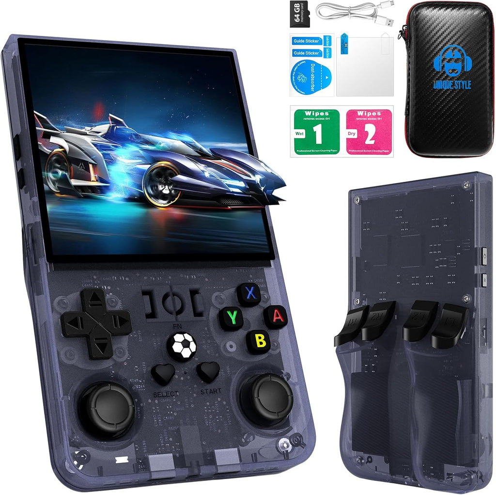 R36MAX Retro Handheld Game Console, 4.0-Inch IPS Display, 720x720 Resolution, Linux System, 64GB Support 18,000+ Classic Games, 4000mah Battery, with Portable Case(Gray 64GB)
