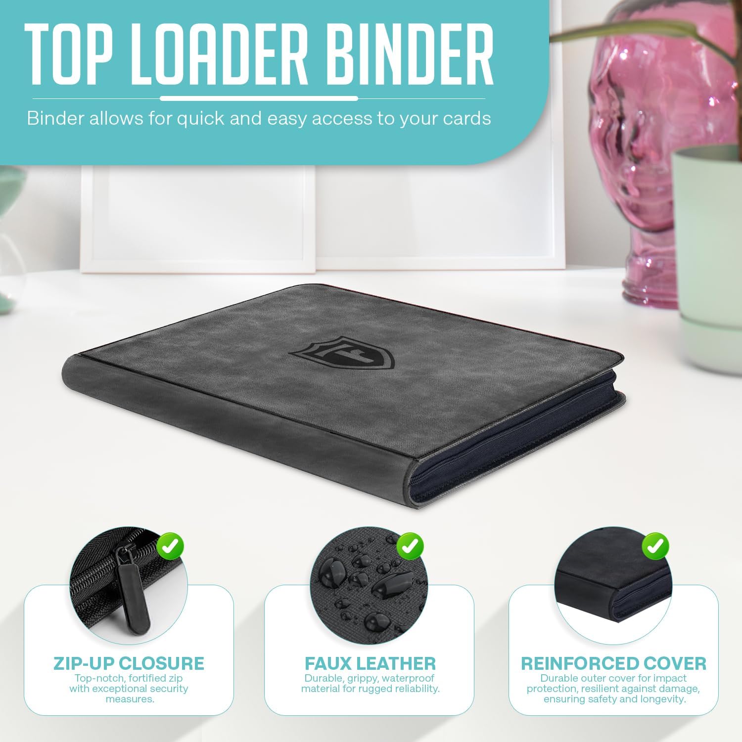 Top Loader Binder 9 Pocket, Holds 288 Toploaders, Side-Loading Zippered Denim Style Album for Trading Cards, Sports Cards, Baseball, MTG, TCG and Graded Card Sleeves (3" x 4") (Aqua Green)