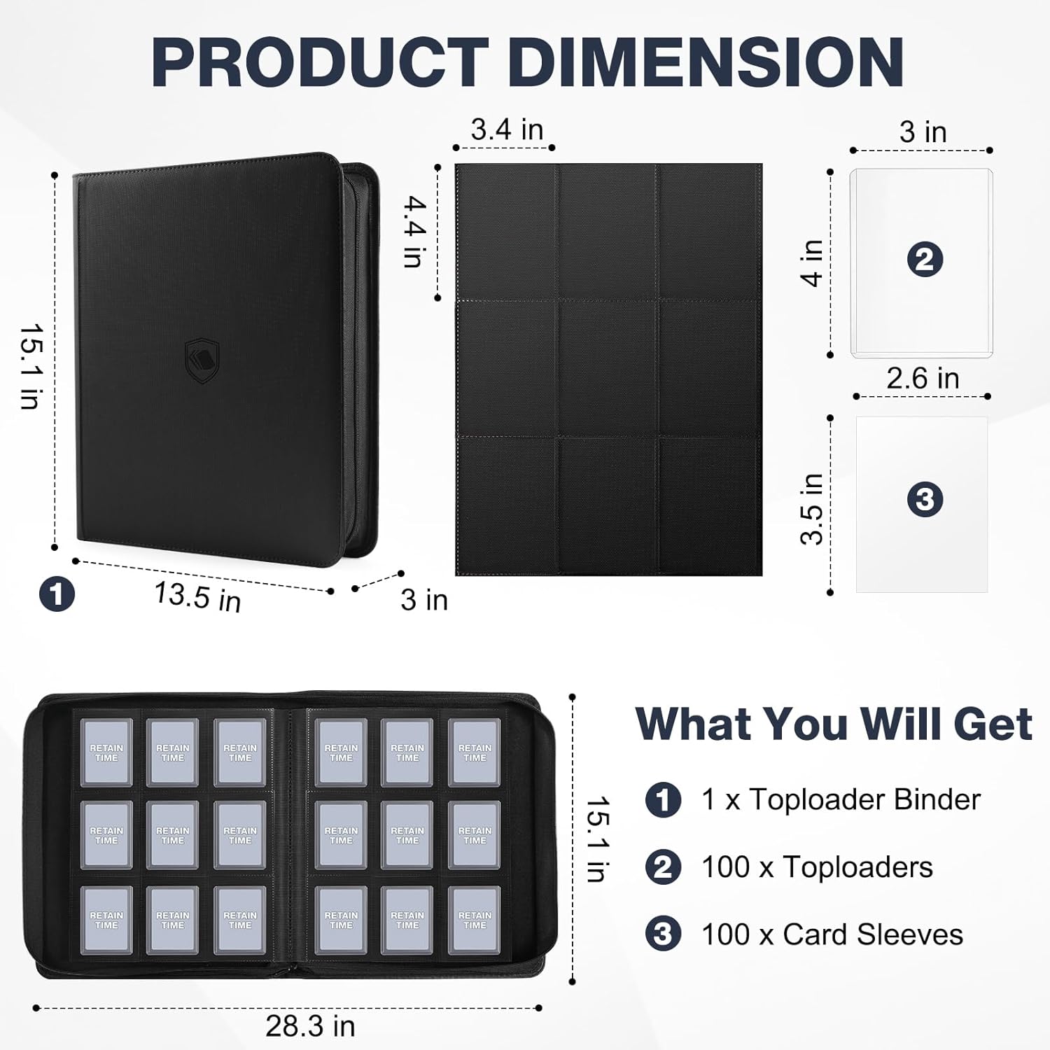 Toploader Binder, Holds 360 Toploader, 100 Toploaders INCLUDED, 9-Pocket PU Cover Top Loader Binder for 3" x 4" Rigid Toploaders, Ringless Double-Sided Toploader Card Binder for TCG, Sport Cards