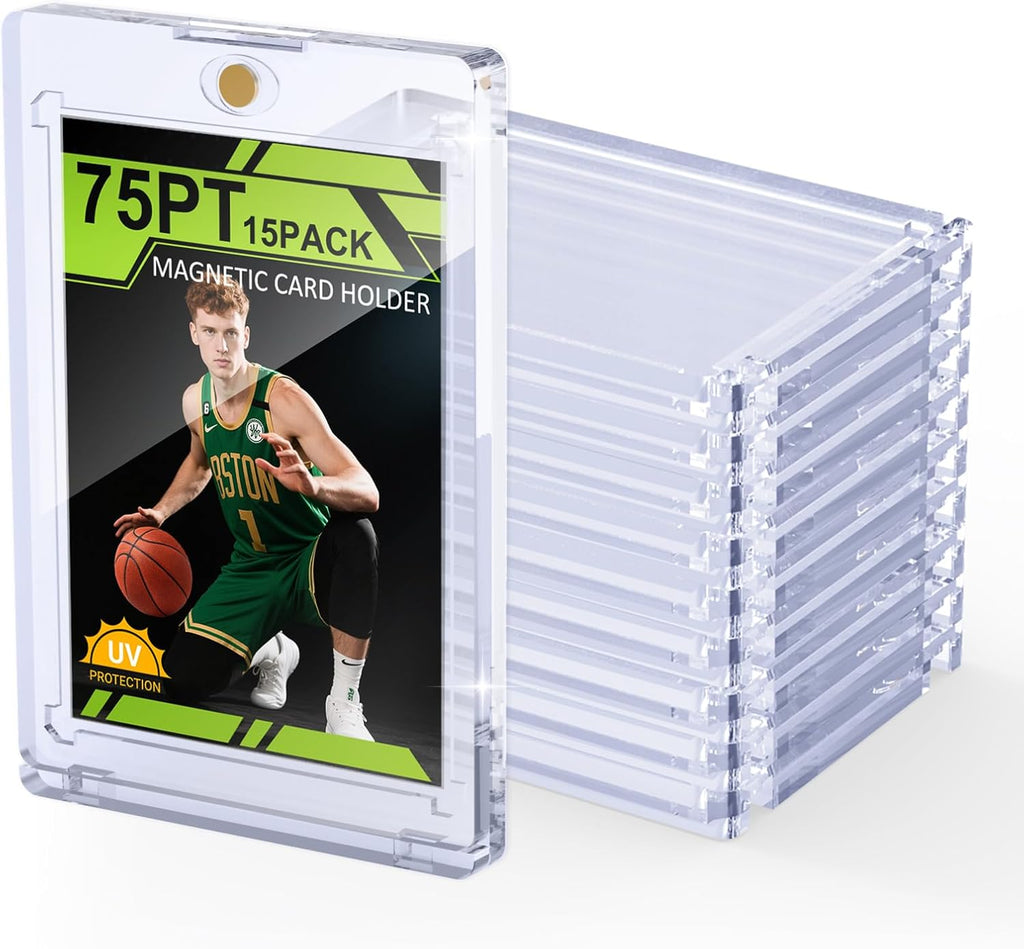 75PT Magnetic Card Holder, 15 Packs One Touch Card Holder with U-V Protection, Thick Magnetic Card Protector Hard Plastic Display Case for Baseball Basketball Sports Game Trading Cards