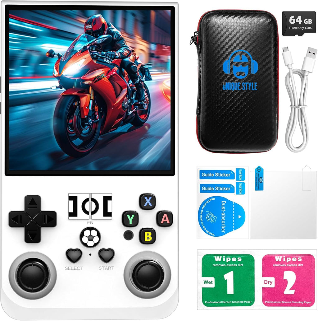 R36MAX Retro Handheld Game Console, 4.0-Inch IPS Display, 720x720 Resolution, Linux System, 64GB Support 18,000+ Classic Games, 4000mah Battery, with Portable Case(White 64GB)