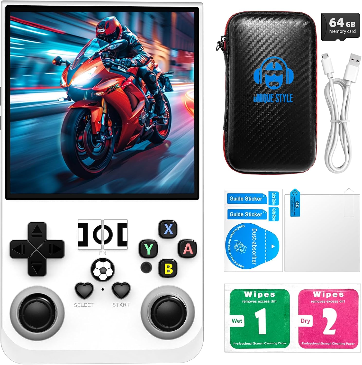 R36MAX Retro Handheld Game Console, 4.0-Inch IPS Display, 720x720 Resolution, Linux System, 64GB Support 18,000+ Classic Games, 4000mah Battery, with Portable Case(White 64GB)