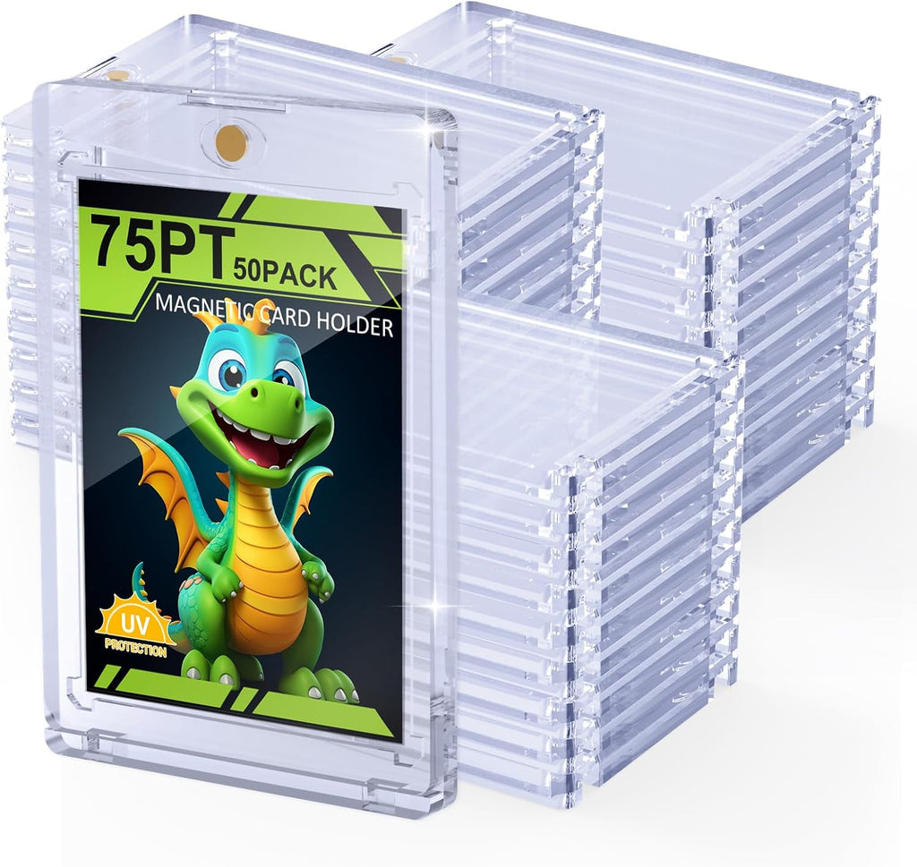 75PT Magnetic Card Holder, 50 Packs One Touch Card Holder with U-V Protection, Thick Magnetic Card Protector Hard Plastic Display Case for Baseball Basketball Sports Game Trading Cards