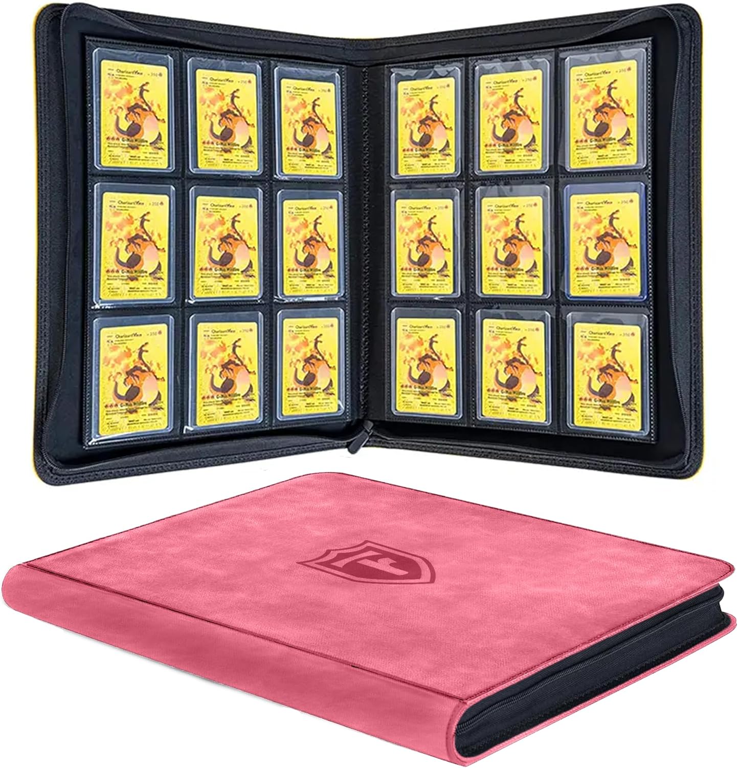 Top Loader Binder 9 Pocket, Holds 288 Toploaders, Side-Loading Zippered Denim Style Album for Trading Cards, Sports Cards, Baseball, MTG, TCG and Graded Card Sleeves (3" x 4") (Pink)