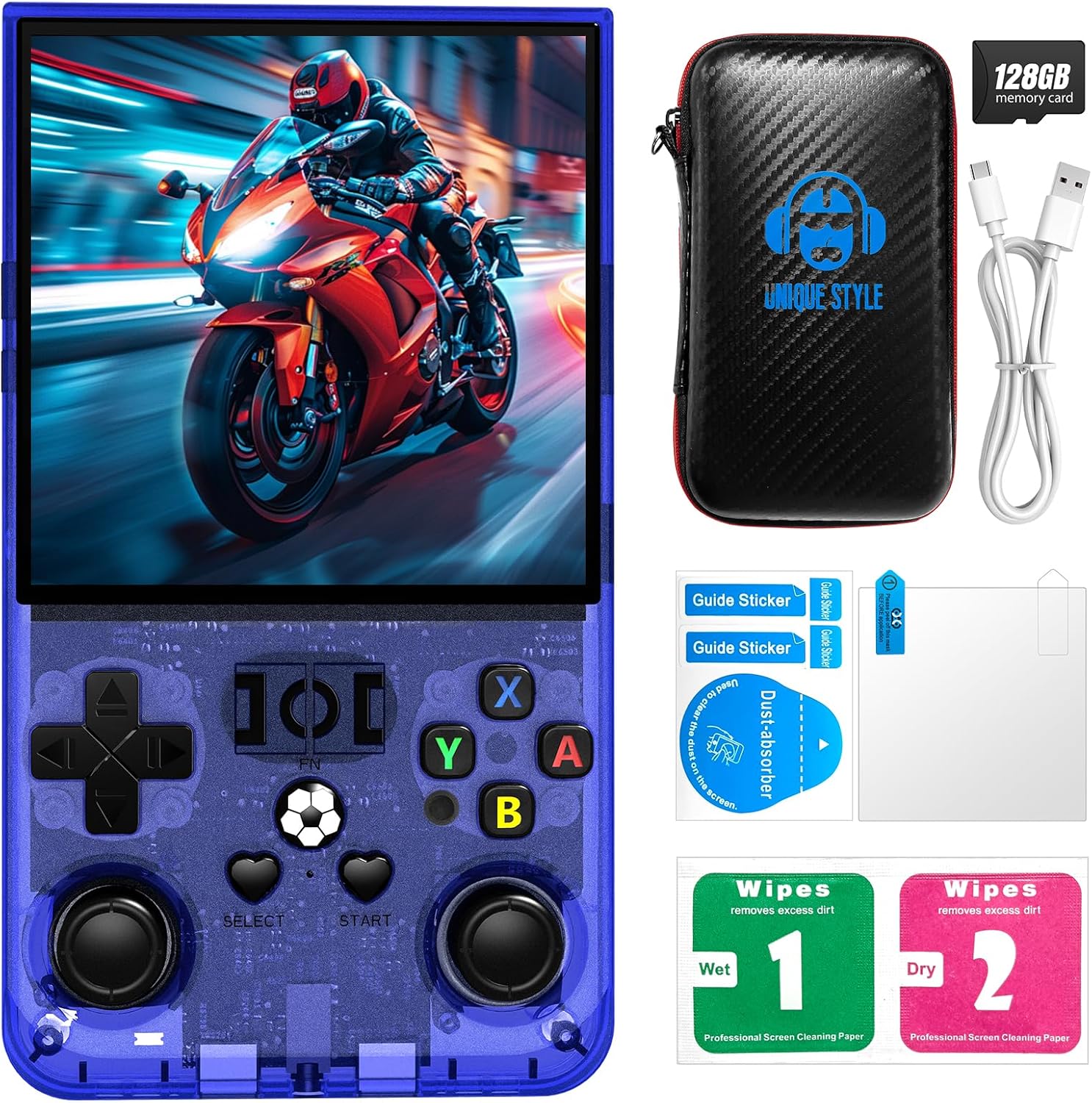 R36MAX Retro Handheld Game Console, 4.0-Inch IPS Display, 720x720 Resolution, Linux System, 64GB Support 18,000+ Classic Games, 4000mah Battery, with Portable Case(Blue 64GB)