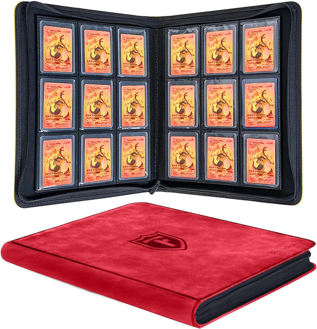 Top Loader Binder 9 Pocket, Holds 288 Toploaders, Side-Loading Zippered Denim Style Album for Trading Cards, Sports Cards, Baseball, MTG, TCG and Graded Card Sleeves (3" x 4") (Red)