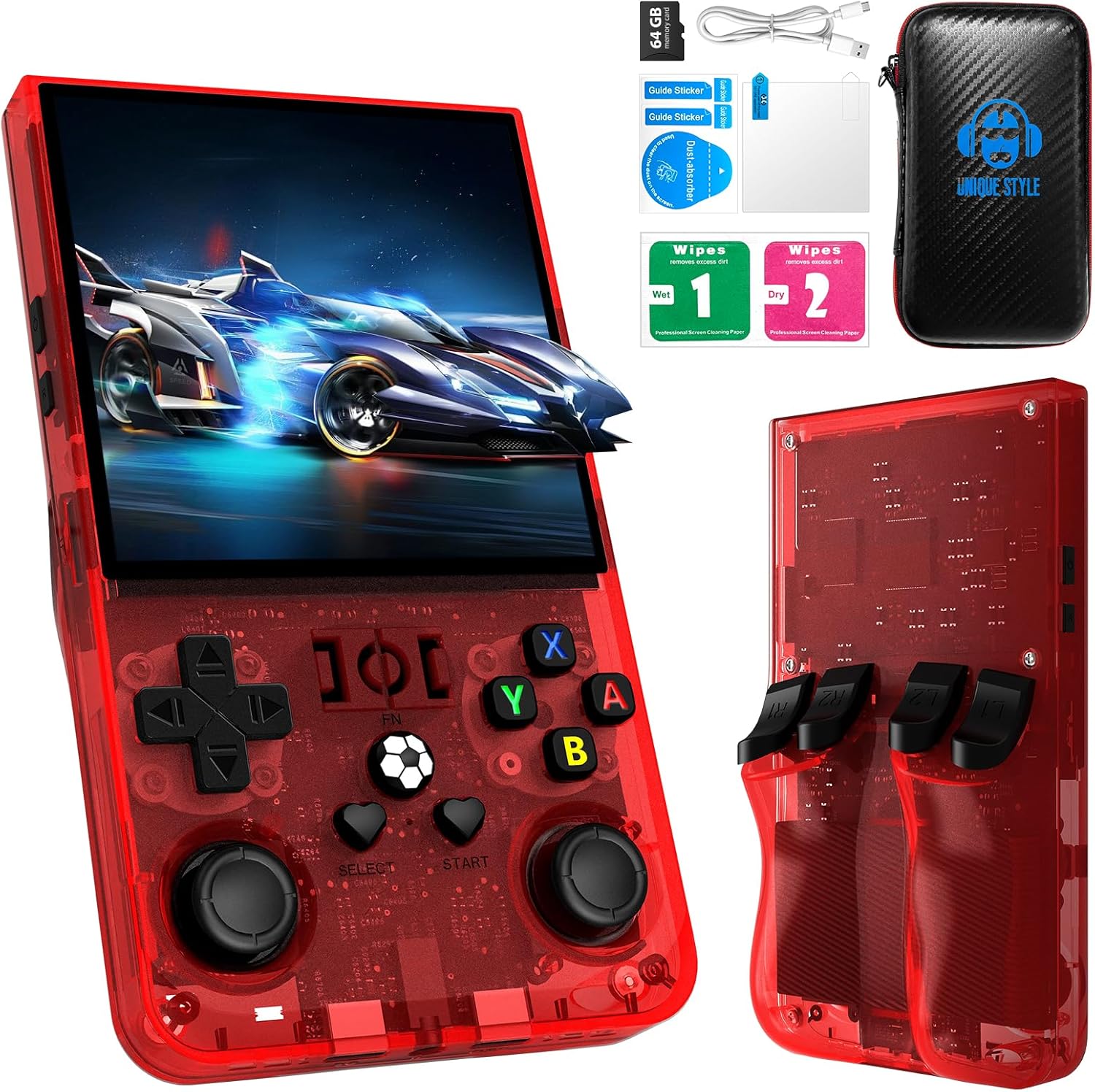 R36MAX Retro Handheld Game Console, 4.0-Inch IPS Display, 720x720 Resolution, Linux System, 64GB Support 18,000+ Classic Games, 4000mah Battery, with Portable Case(Red 64GB)