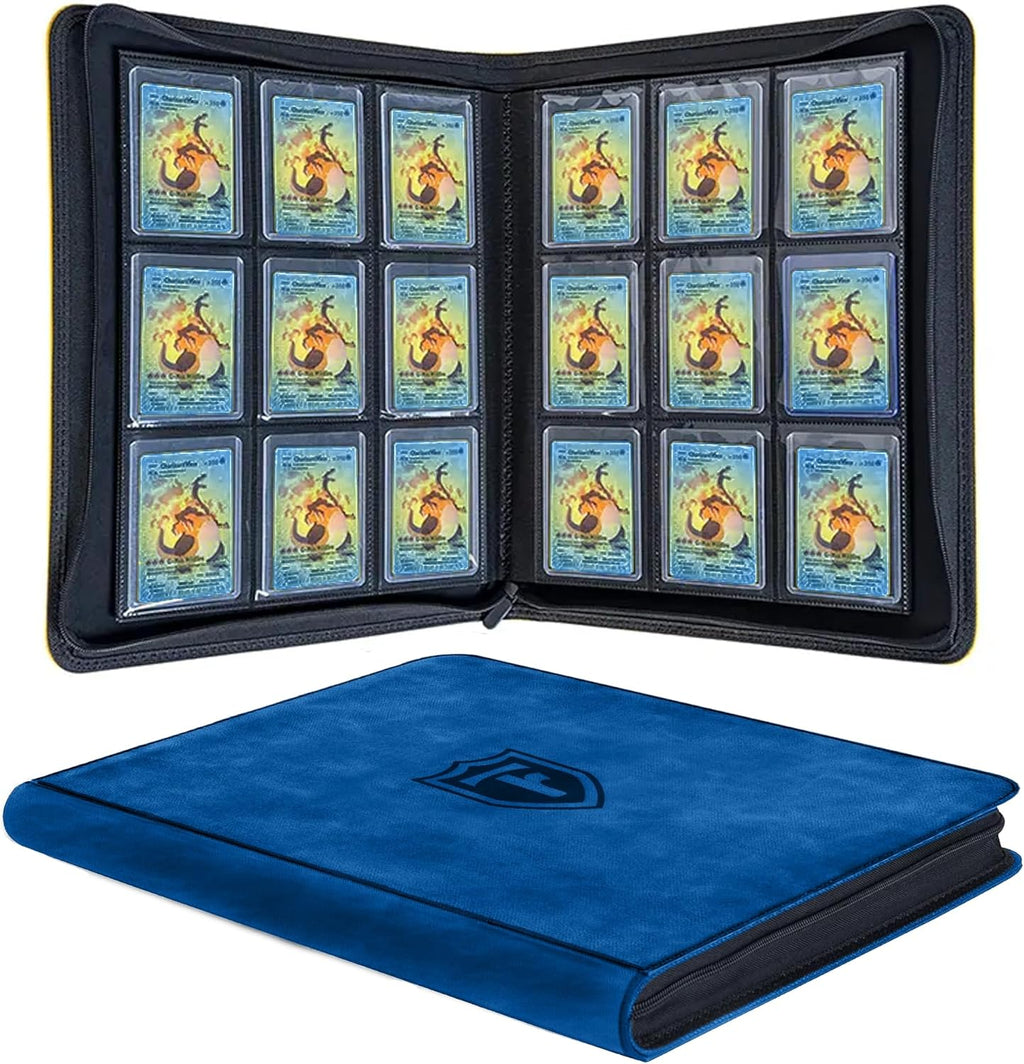 Top Loader Binder 9 Pocket, Holds 288 Toploaders, Side-Loading Zippered Denim Style Album for Trading Cards, Sports Cards, Baseball, MTG, TCG and Graded Card Sleeves (3" x 4") (Blue)