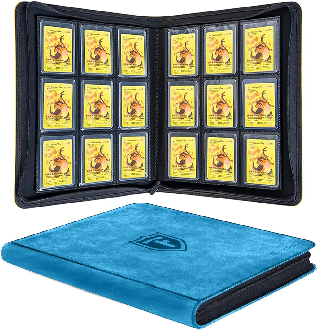 Top Loader Binder 9 Pocket, Holds 288 Toploaders, Side-Loading Zippered Denim Style Album for Trading Cards, Sports Cards, Baseball, MTG, TCG and Graded Card Sleeves (3" x 4") (Aqua Blue)